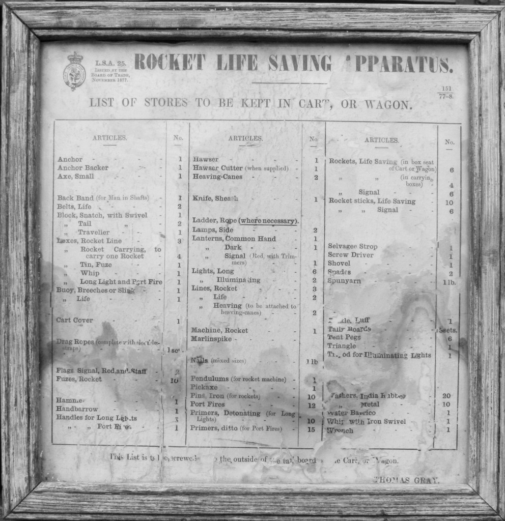 The 1877 Board of Trade list of stores to be kept in the Life Saving Apparatus cart, Skerries Coastguard